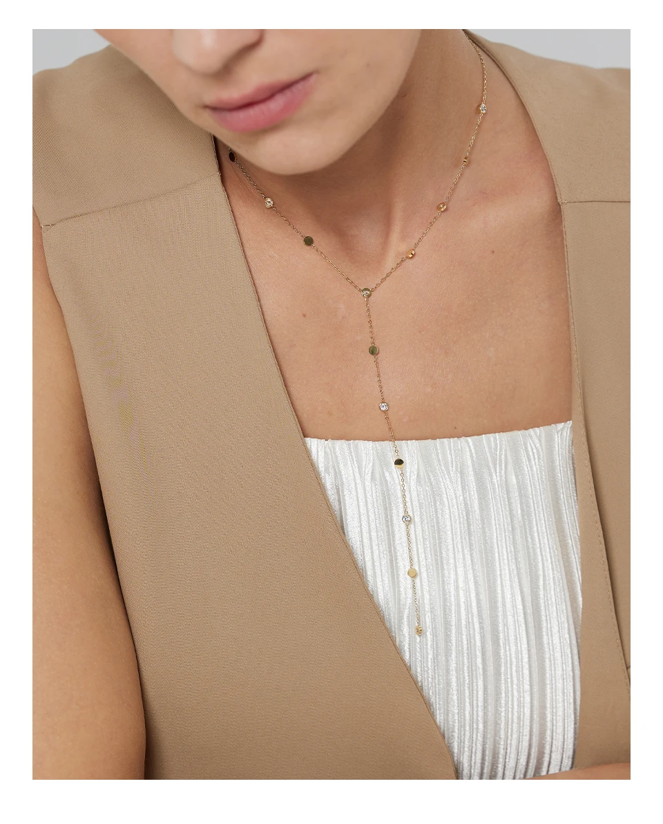 Yhpup Halskette mit langem Anhänger aus Edelstahlperlen, minimalistisch, 18K PVD-beschichtet, Metallkragen, Modeschmuck, Bangkok Parti-Geschenk – Detail 1