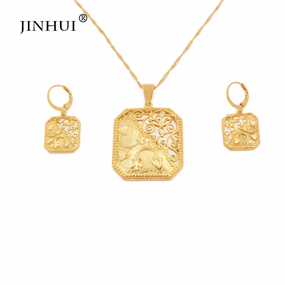 Jewelry sets gold color for women African indian wedding gifts bridal party necklace earrings square pendant jewellery set