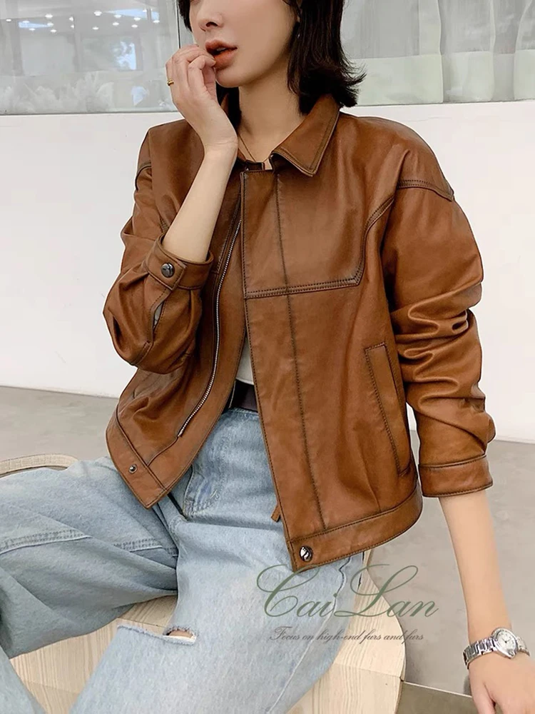 Spring High Quality Women\'s Lady\'s Short Real Sheepskin Leather Coat Slim Real Leather Jacket Coat