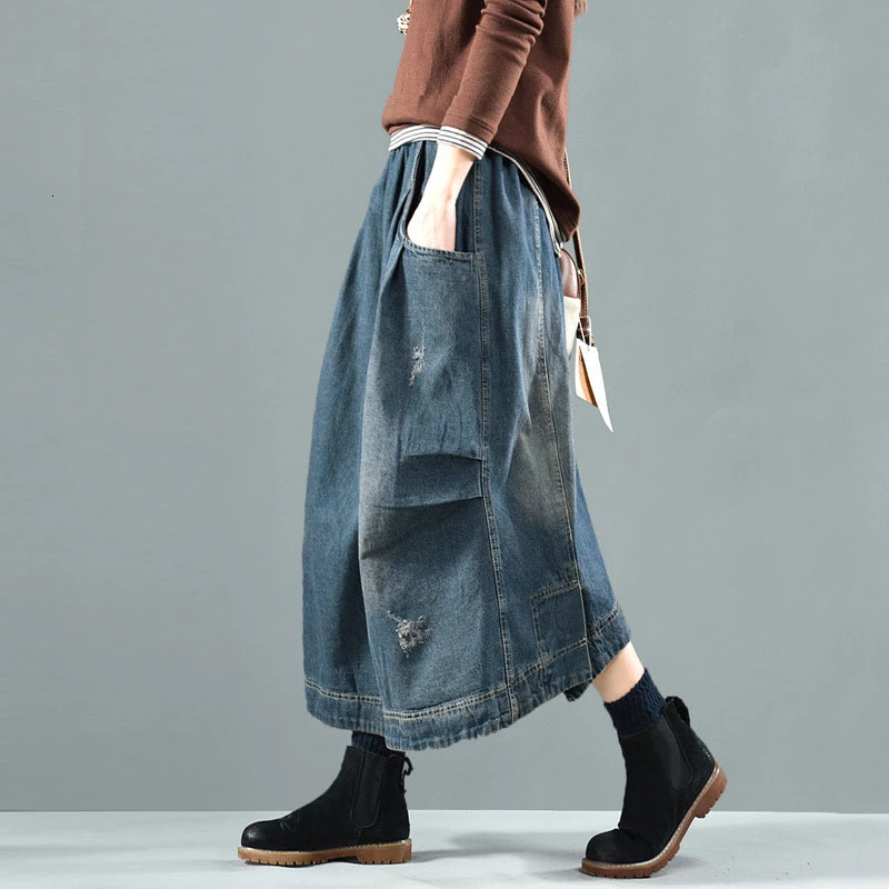 NINI WONDERLAND Autumn Denim Skirts For Women Wash Cowboy Skirt 2023 Spring Female Elastic Waist Patchwork Cotton A-line Skirt