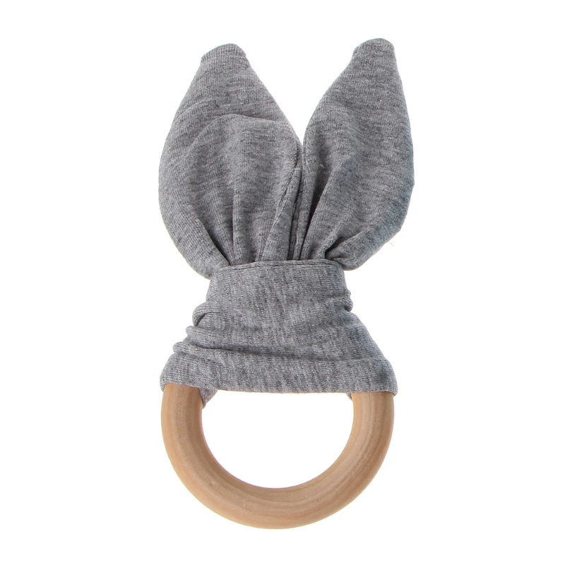 Bunny Ear Teether Fabric Wooden Teething Ring With Crinkle Material Shower Gift