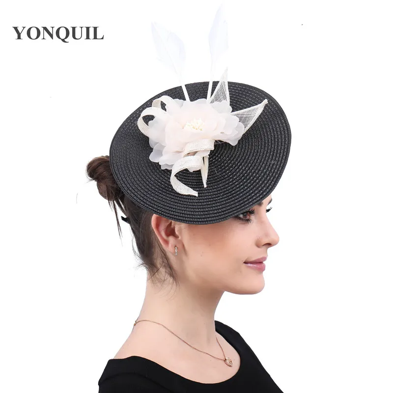 Elegant Women Wedding Headwear Cocktail Fascinators Imitation Straw Black Headdress Gorgeous Lady Fashion Hair Accessories