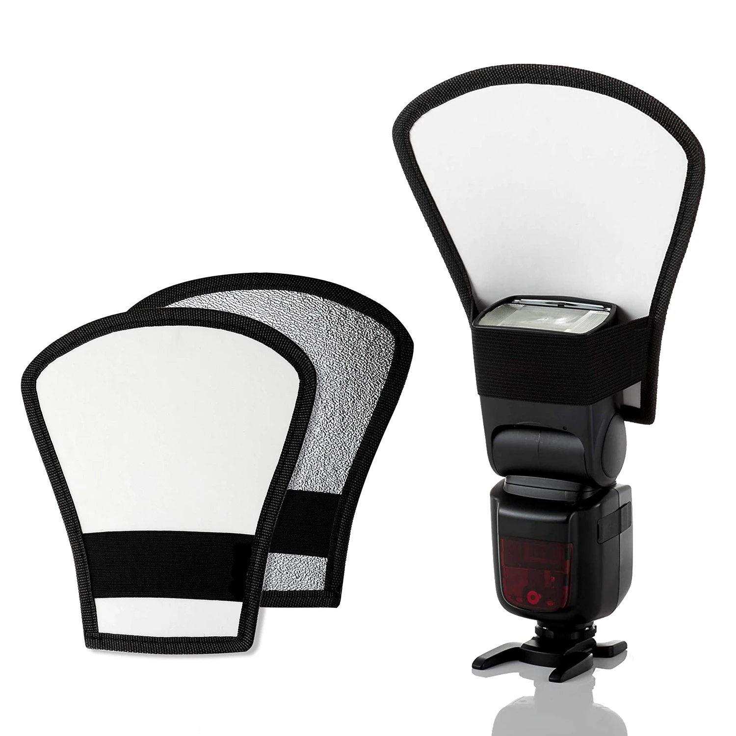 2PCS Universal Flash Diffuser Reflector Double Side White/Silver with Elastic Strap for Canon Nikon Sony Fuji Godox Speedlight