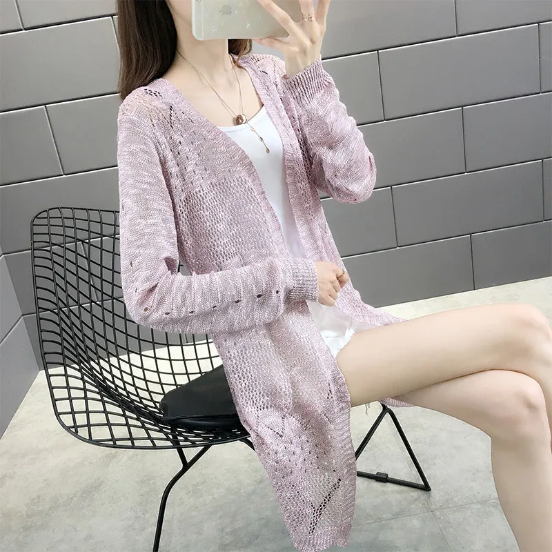 knitted sweater women's outerwear open shirt medium-length loose jacket long sleeve hollow sunscreen shawl thin jacket