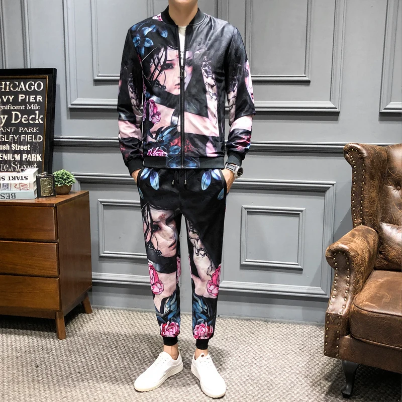 (Jacket+sweatpant) Clothing 2020 Autumn Tracksuit Men Girl Face Print Jogginganzug Herren Ropa Hombre De Marca