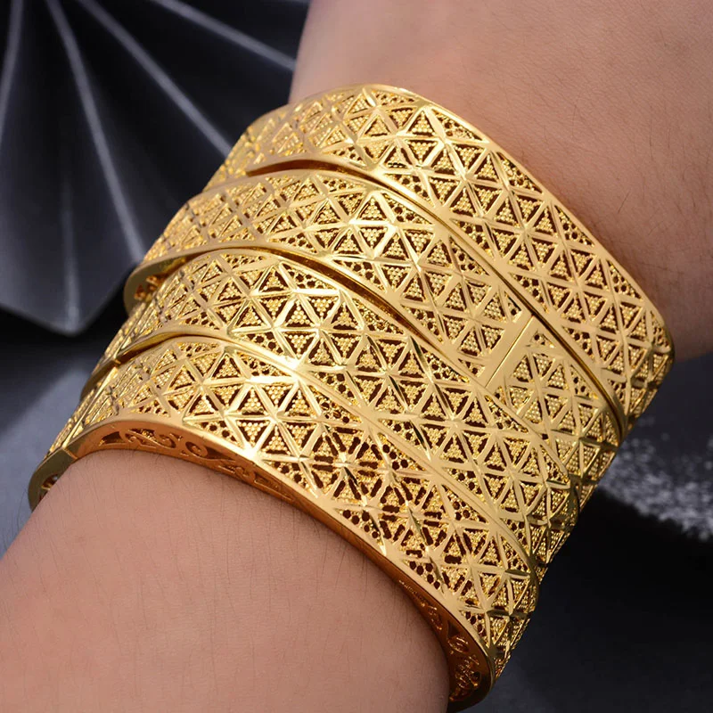 

4pcs Dubai Cold Color Bangles For Women Middle Eastern Arab/Dubai Gold Color Patterned Copper Bracelets Girls Jewelry Can Open