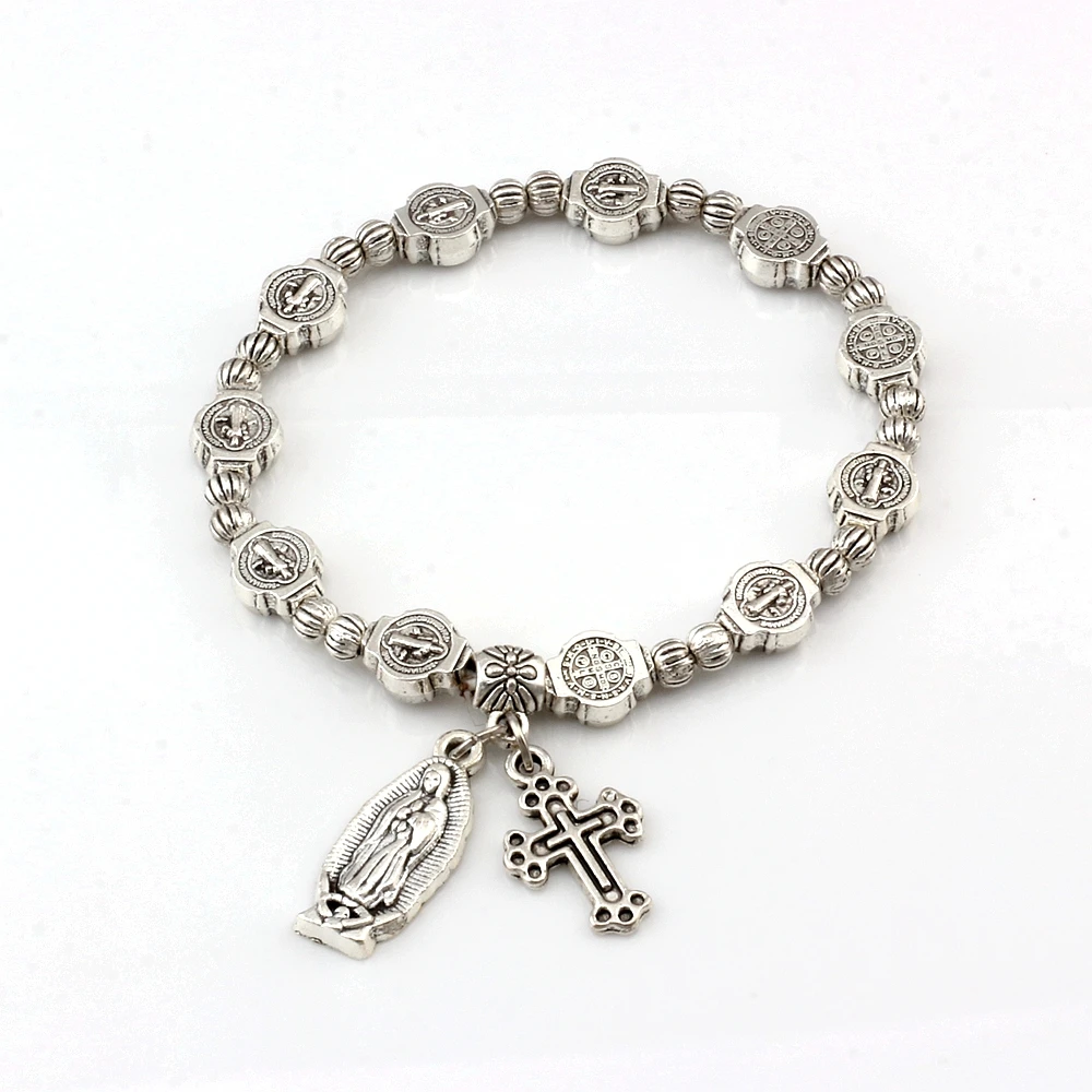 12Pcs Catholic Religious Alloy Beaded Bangles For Men Women Christ Juses Cross Virgin Mary Pendant Bracelets C-79