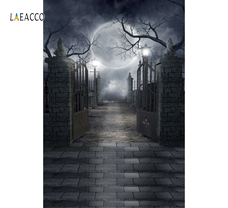 Laeacco Vinyl Background Dark Night Brick Wall Door Moon Halloween Party Terrible Scenic Photo Backdrop Photo Studio Photocall