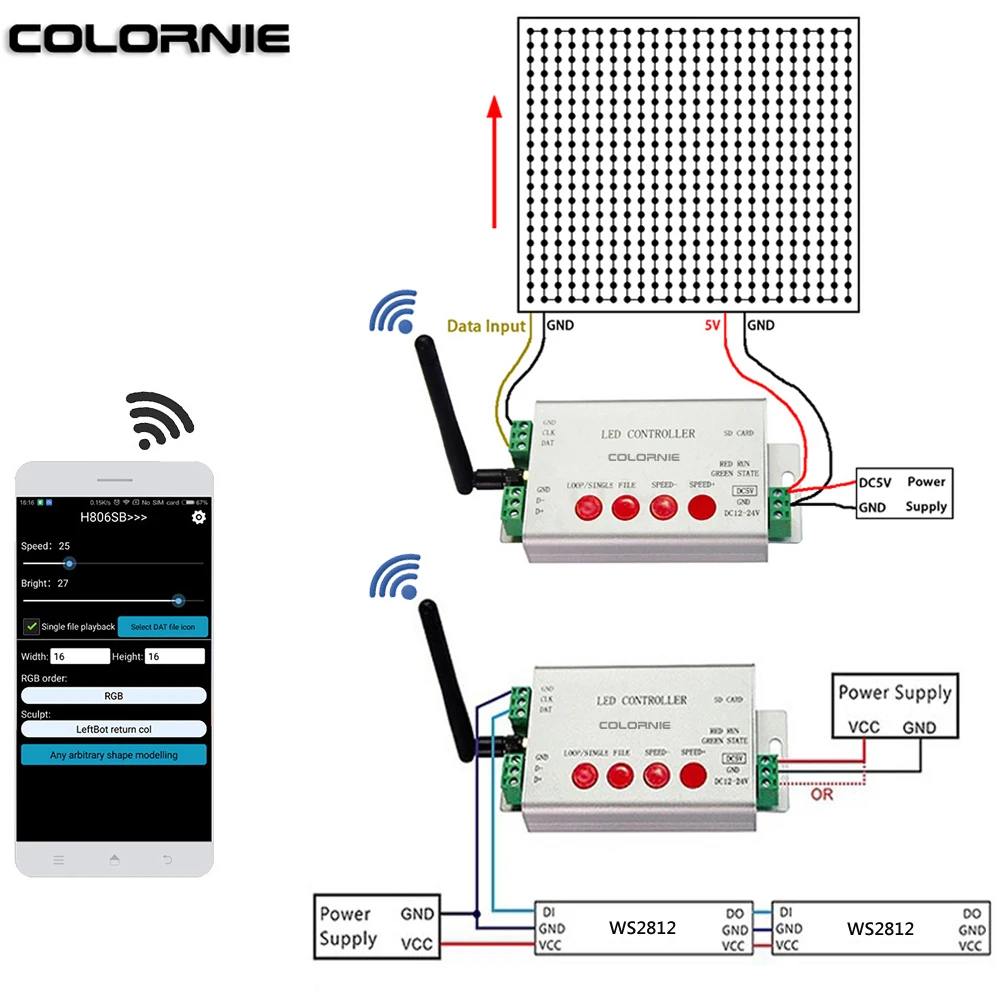 

Светодиодный Wi-Fi контроллер H806SB WS2811, контроллер светодиодной ленты RGB, контроллер SD-карты SPI, контроллер 2048 Piexls DC5-24 В, RGB контроллер