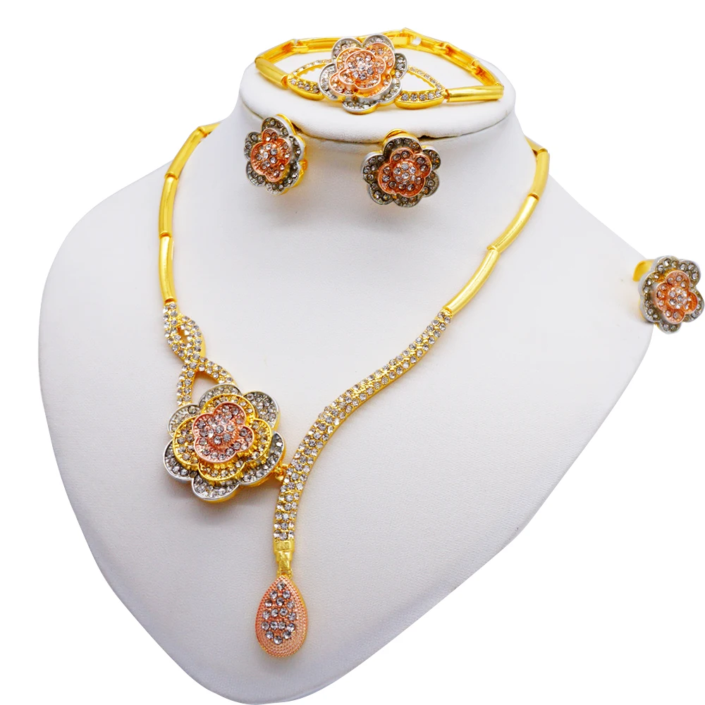 

Jewelry Sets African Gold Color For Women Dubai Bridal Party Wedding Gifts Flower Necklace Bracelet Earrings Ring Set Jewellery