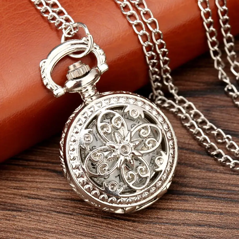 Little Small Cute Exquisite Silver Hollow Flowers Quartz Pocket Watch Necklace Pendant Jewelry Watch with 80cm Sweater Chain