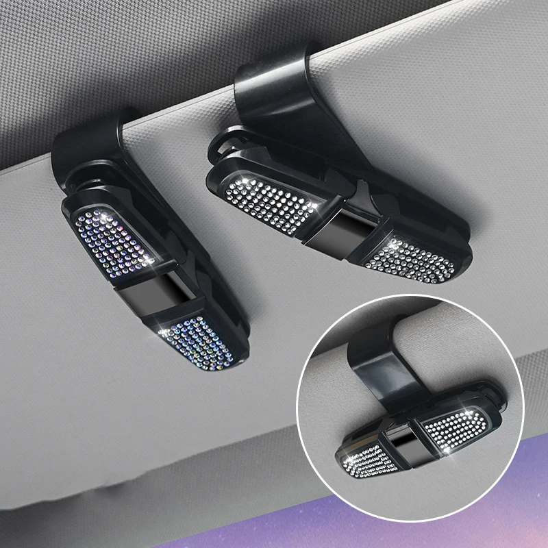 Car Sun Visor Diamond-studded Glasses Clip Universal Multi-function Sunglasses Holder Lining With Card Holder Storage Organizer