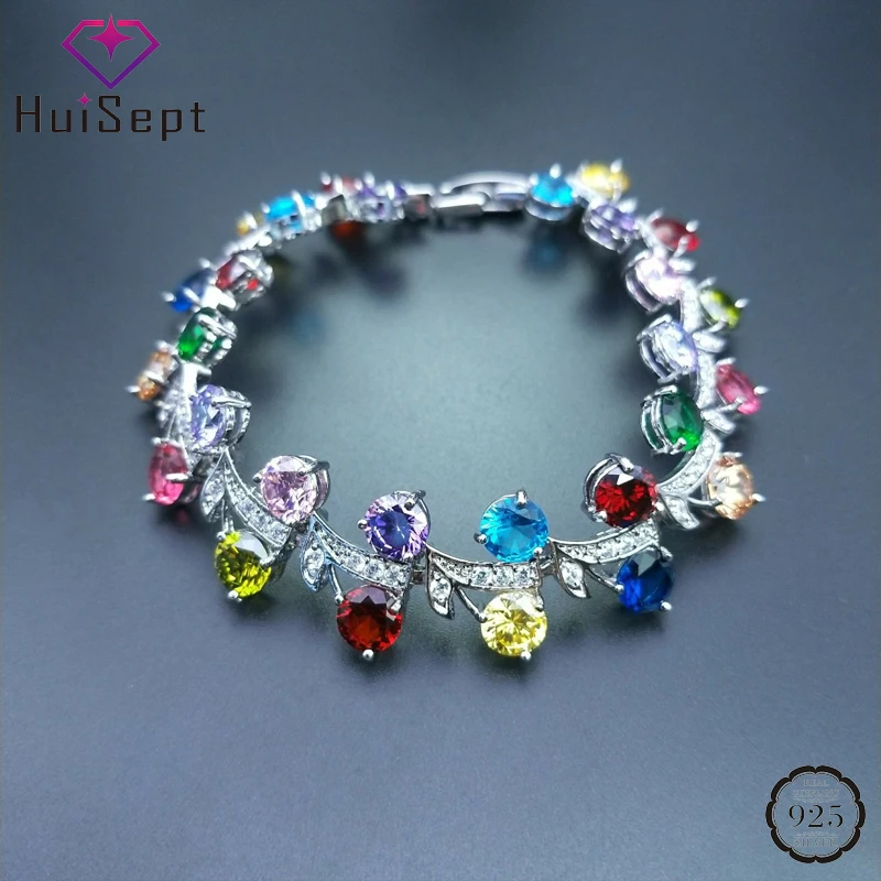 HuiSept Charm Bracelet 925 Sterling Silver Jewelry Accessories Colorful Topaz Gemstones Bracelets for Women Wedding Engagement