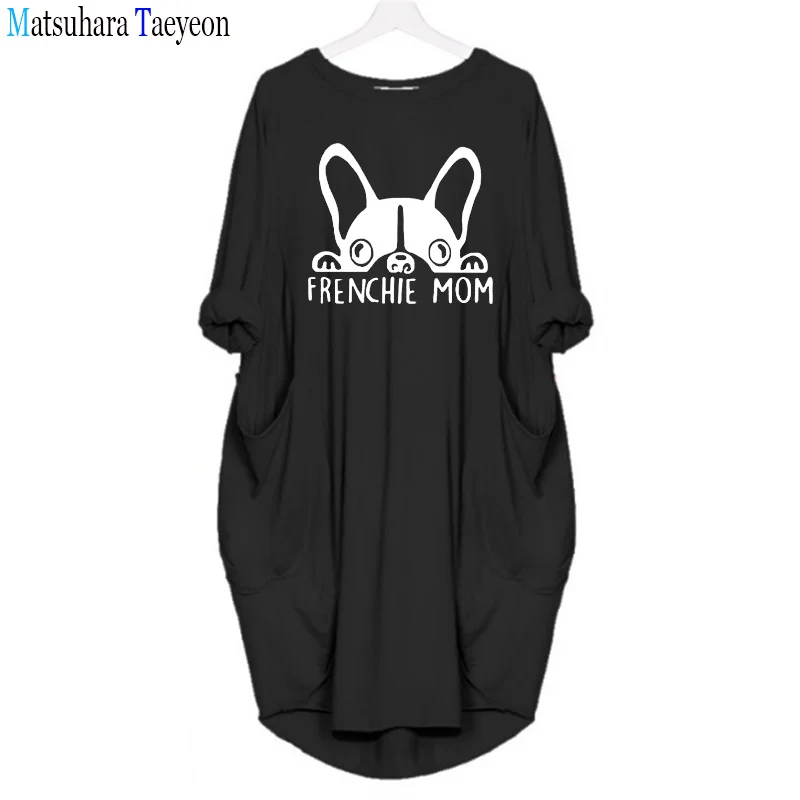 

Autumn Funny Dog Women Casual French Bulldog Loose Dress With Pocket Ladies Fashion O Neck Long Tops Female T Shirt Dresses