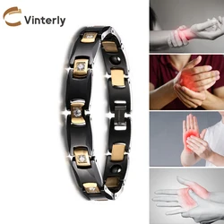 Vinterly Black Ceramic Bracelet for Women Chain Link Healing Energy Magnetic Hematite Crystals Gold-color Bracelets & Bangles