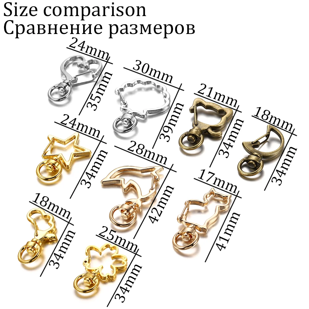 10pcs/lot Star Moon Heart Cat Dog Shell Dolphins Flowers Charms Lobster Clasps Hook For DIY Key Chain Jewelry Making Accessories