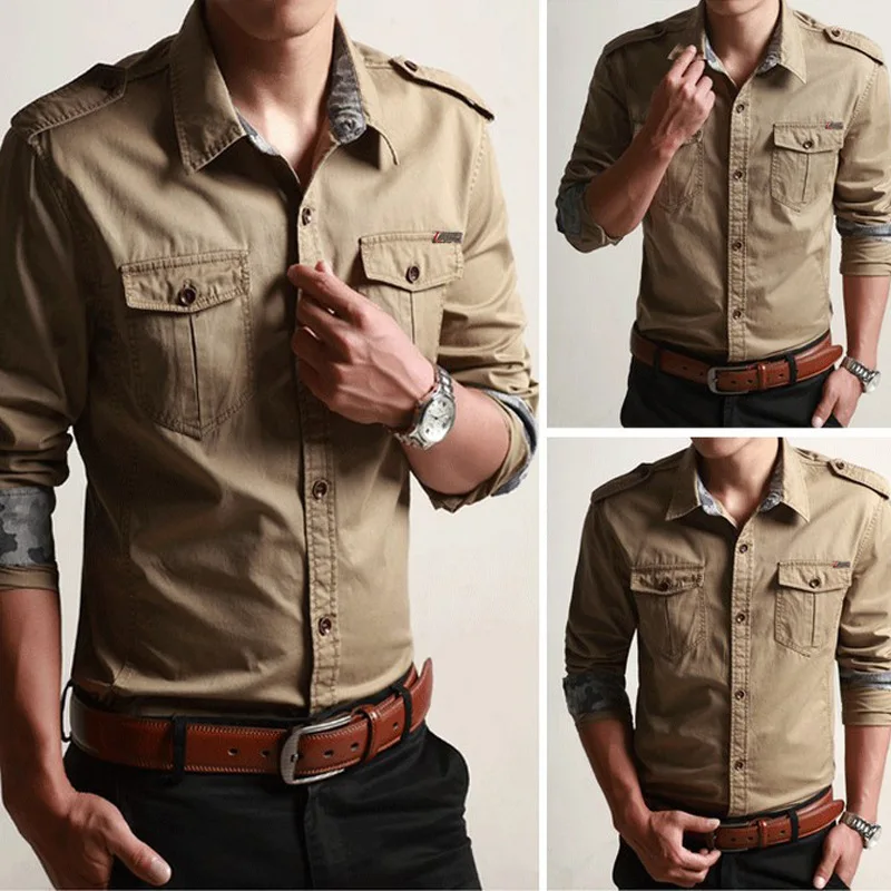 Spring Autumn Men\'s Slim Long Sleeve Cotton Cargo Shirt Outdoor Training Hiking Climbing Sports Shirts Tops
