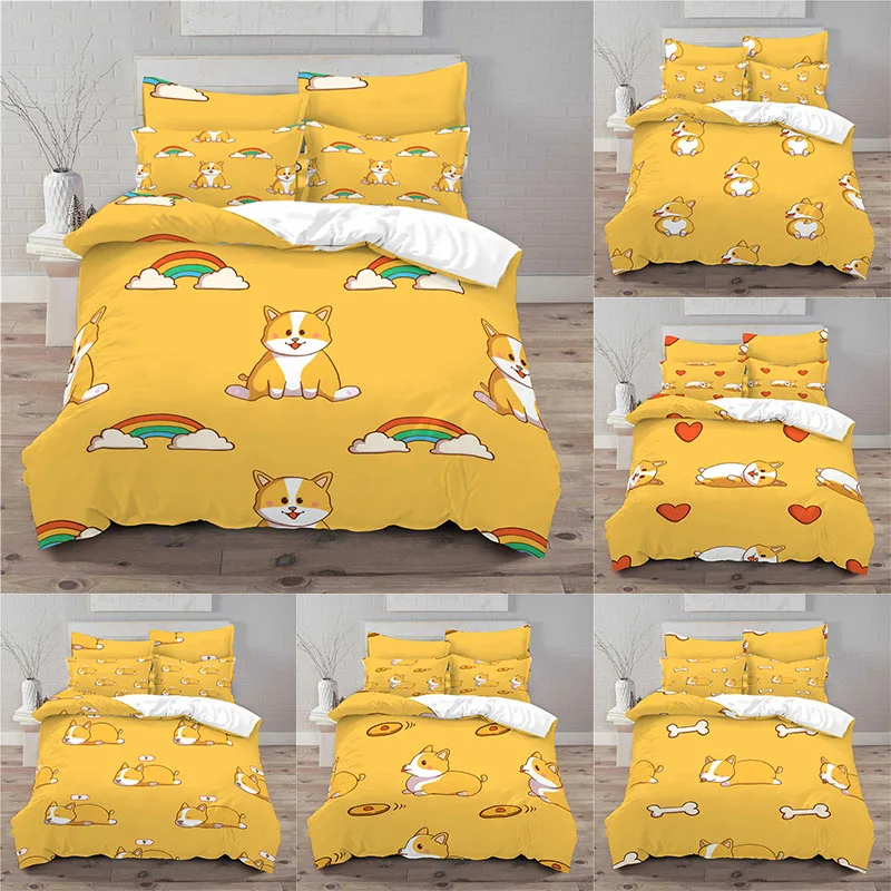 Luxury 3D Cartoon Corgi Print 2/3Pcs Comfortable Animal Duvet Cover Pillowcase  Bedding Sets Home Decor Queen and King Size