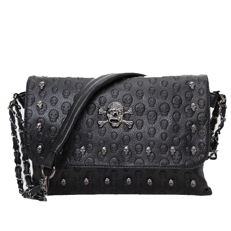 JIEROTYX New Arrival Women Handbag Rivet Gothic Skull Bags Chain Messenger Crossbody Shoulder Bag Female Black Leather Drop Ship