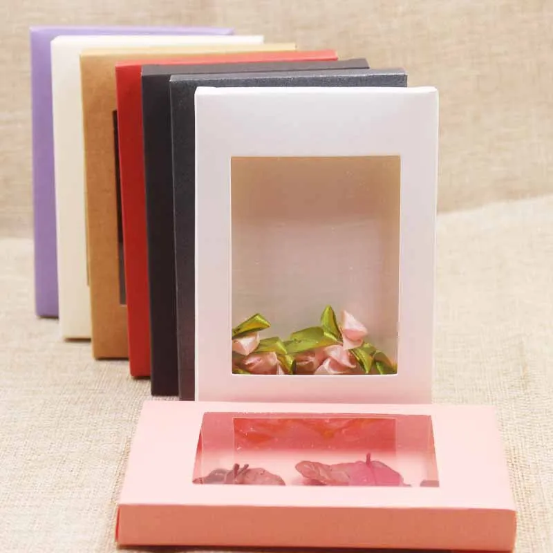 5pcs Mixed Color Kraft Paper Box Romantic Wedding Transparent Window Gift Box Candy Chocolate Biscuit Packaging