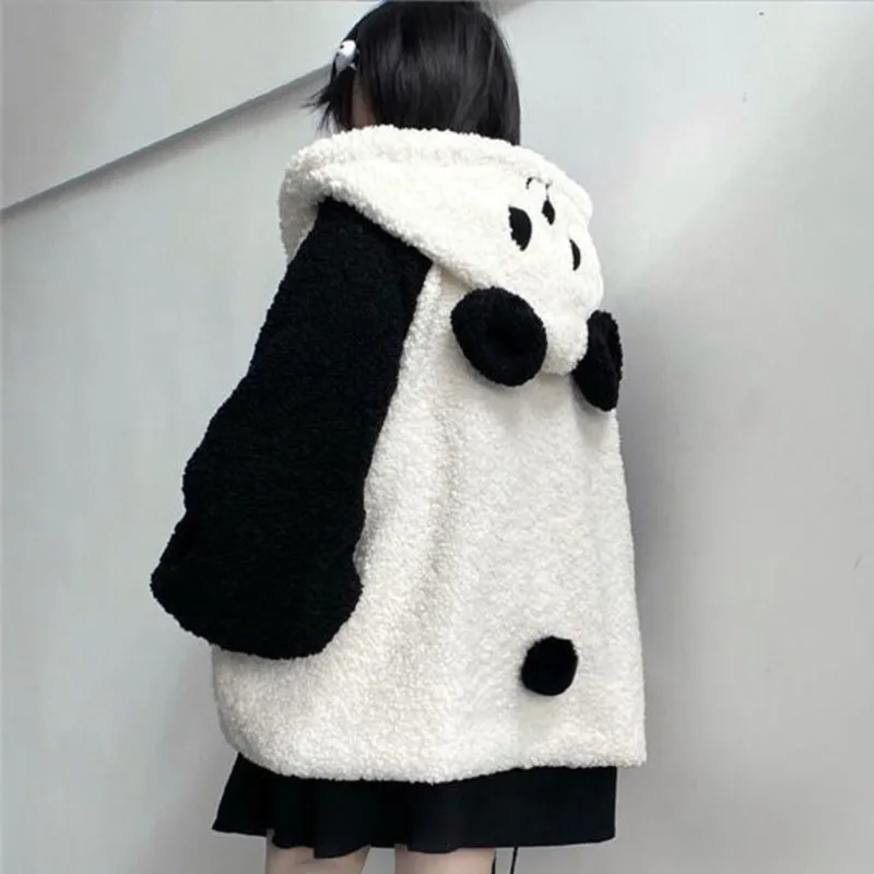 Winter Kawaii Hoodies Women Panda Ears Hooded Sweatshirt Plush Balls Zip-up Loose Cute Sudadera Teenager School Girls JK Clothes