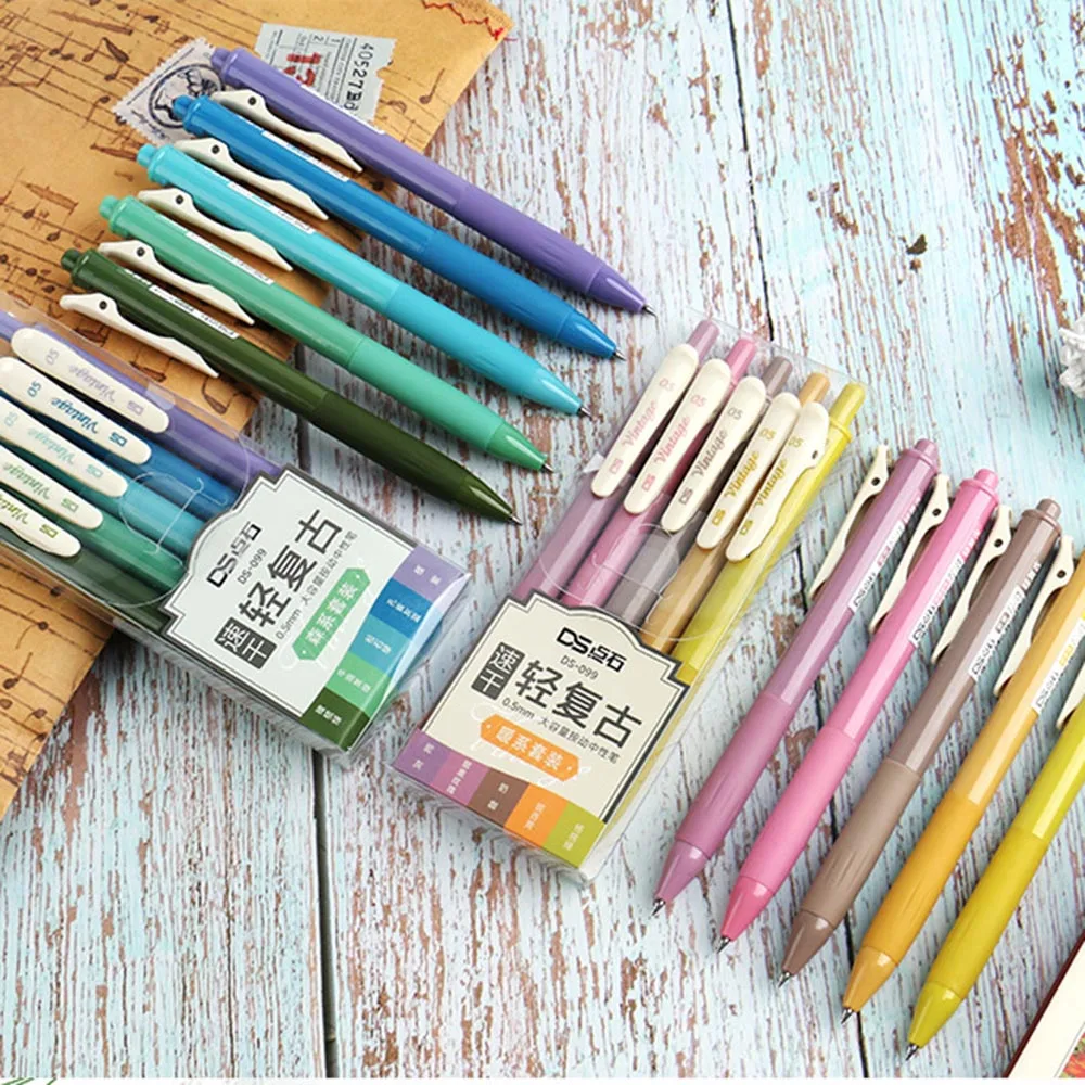 1Pcs Morandi Retro10 Color Retractable Color Gel Pens Set Quick Dry 0.5mm Soft Rubber Grip Bullet Tip Retro Pens