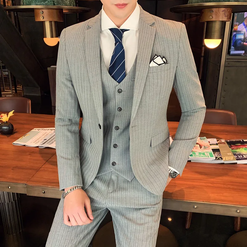 

(Jacket + Vest + Pants) 2021 Male new groom striped slim-fit wedding tuxedo 3-Pcs suit for men fashion high quality dress Terno