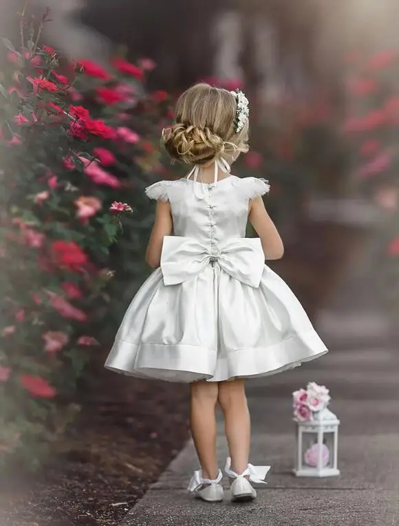 2020 Cute Short Flower Girl Dresses Satin Tulle Cheap A Line First Communion Dress Jewel Neck Custom Made Prom Gowns Party Wear