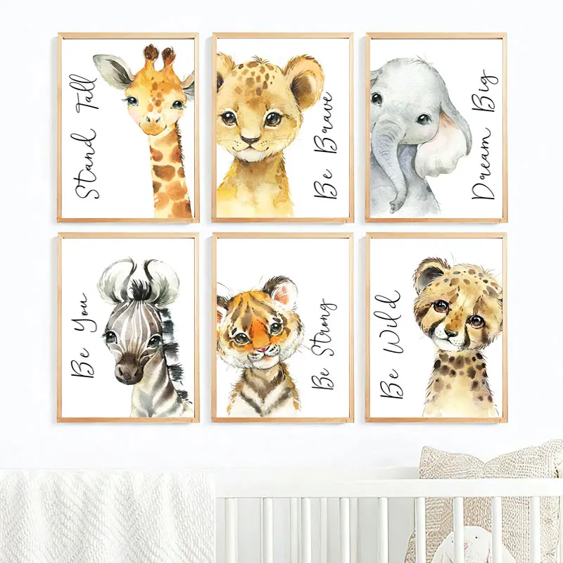 

Nordic Art Watercolor Animals Poster Wall Art Elephant Lion Giraffe Prints Canvas Painting for Kids Room Nursery Wall Mural