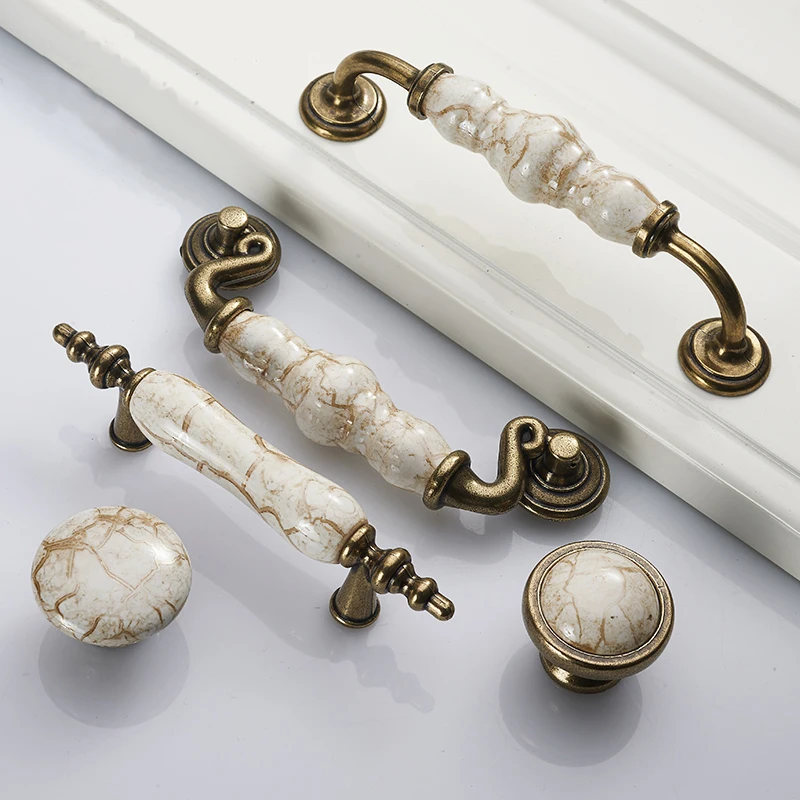 Nordic Luxury Marble Lines Ceramic Cabinet Handles Zinc Alloy Drawer knobs Wardrobe Door Handles Antique Bronze Furniture Handle