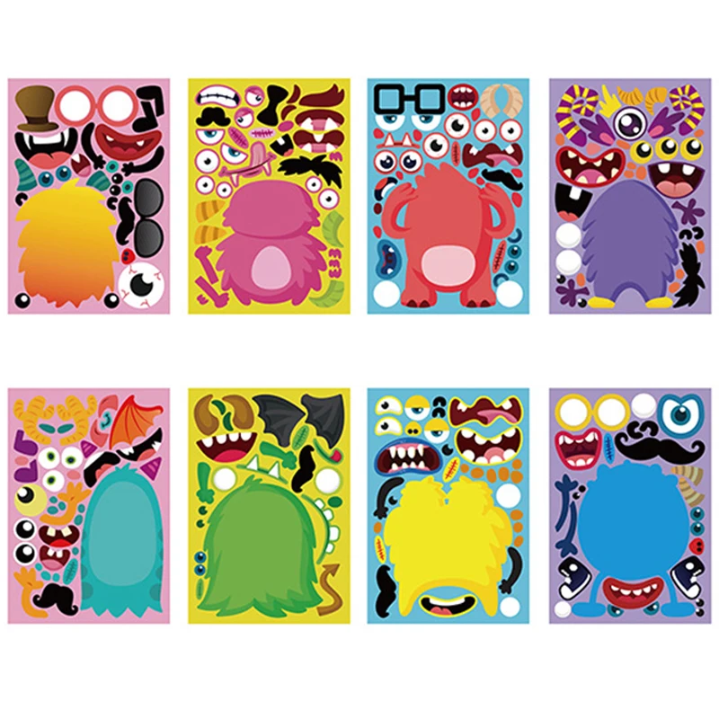 4 Pcs Kids Funny DIY Stickers Puzzle Games Make A Face Princess Dinosaur Animal Baby Recognition Training Education Toy