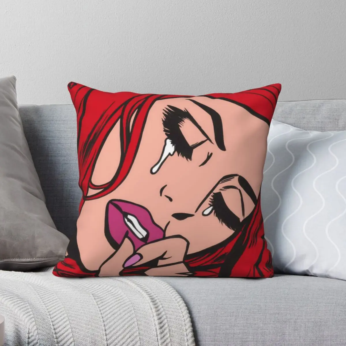 

Red Hair Crying Comic Girl Square Pillowcase Polyester Linen Velvet Zip Decor Pillow Case Room Cushion Cover