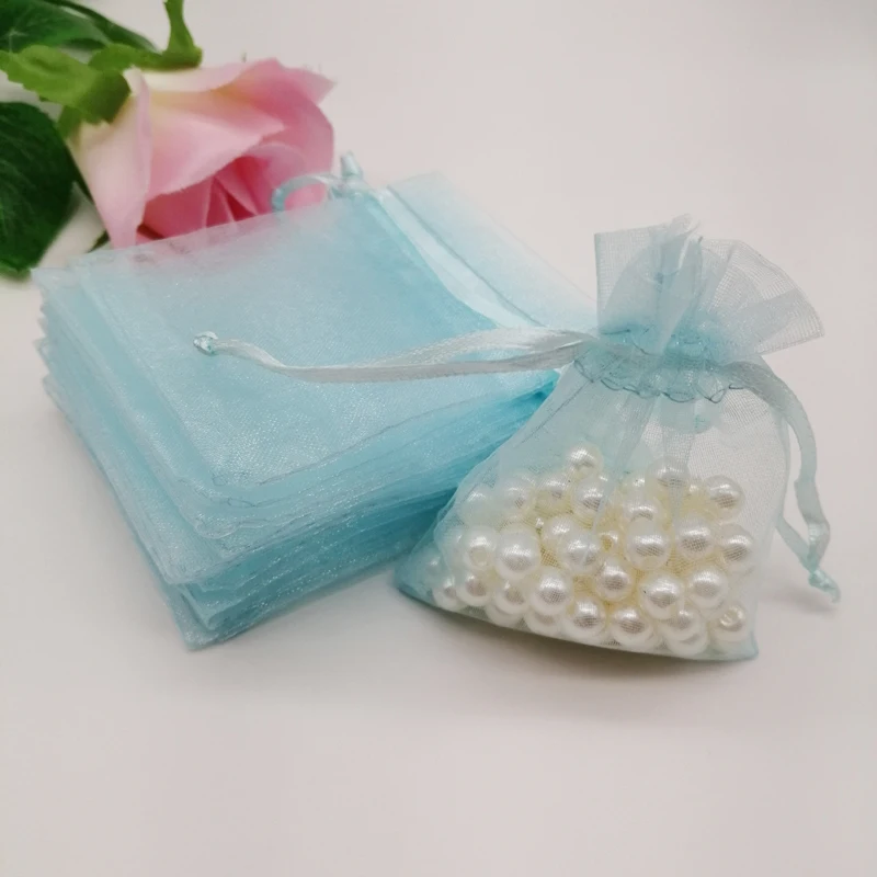 

500pcs Light Sky Blue Fashion Jewelry Bag Organza Gift Bags Small Drawstring Bags Fabric Bag Women for Jewelry Packaging Display