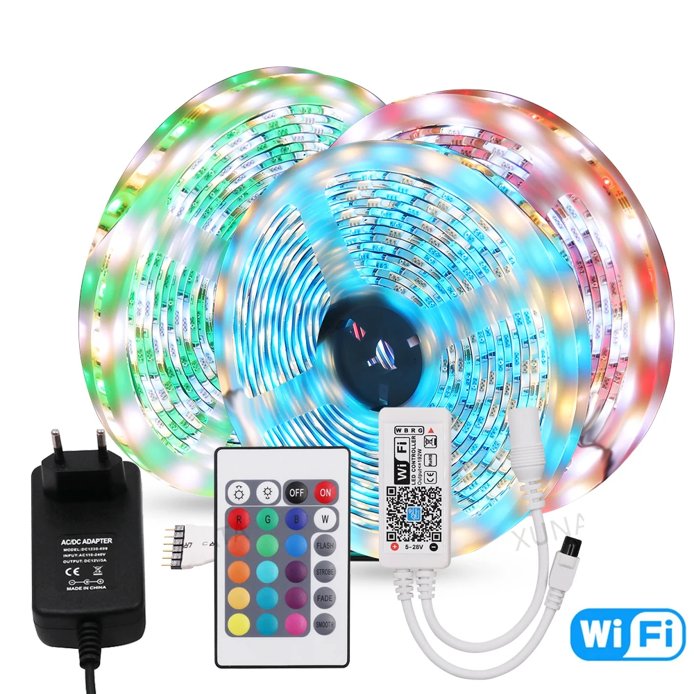 DC 12V WIFI Control 5050 LED Strip Set 60 LEDs/m Waterproof RGB RGBW RGBWW LED Light Strip +EU Power Supply + 24 Key Remote 5m