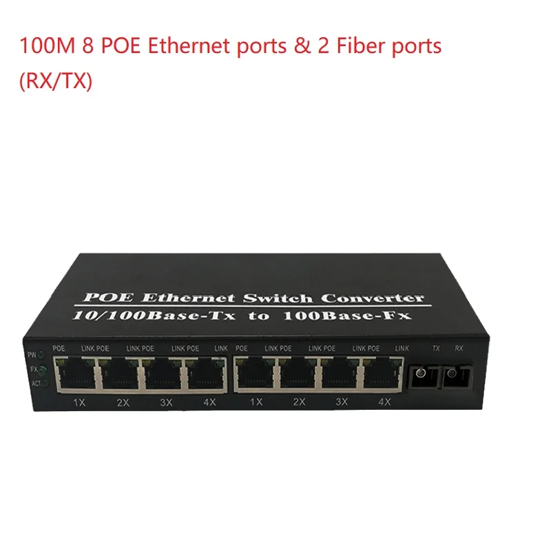 

100M POE Switch Optical Media Converter Single Mode 2 Fiber Cables 20KM 8 RJ45 ports Fibre Optical Transceiver