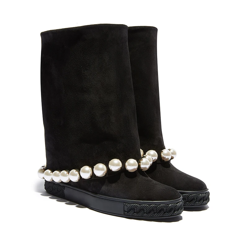 

Roman Style Pearl Rivets Studs Black Suede Boots 10cm inner Height Increased Beadings Boots Women Slip on Mid Boots