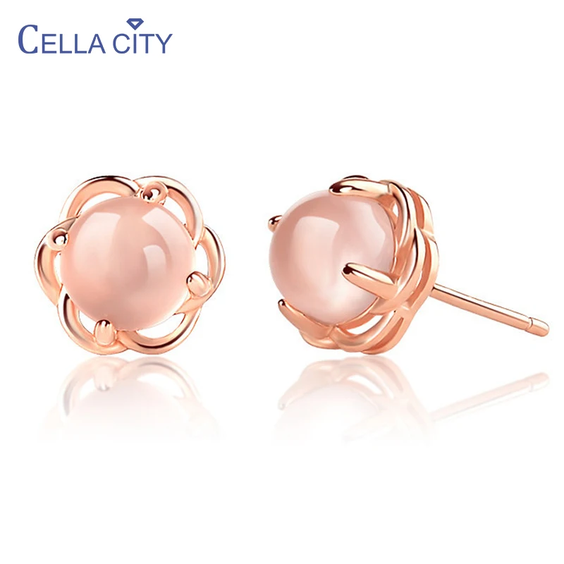 Cellacity 925 Sterling Silver WomenStud Earrings For Women Rose Gold Color Round Shape Pink Gemstones Wedding Party Gifts