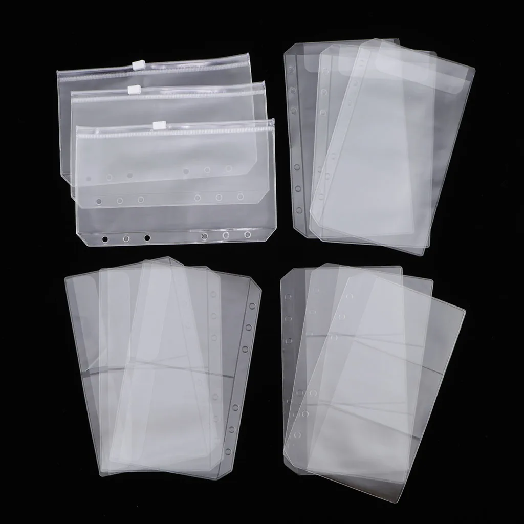 12Pcs Clear PVC Binder Pockets Zipper Folder Fit for 6 Rings Notebook Documents Cards Collection Bag