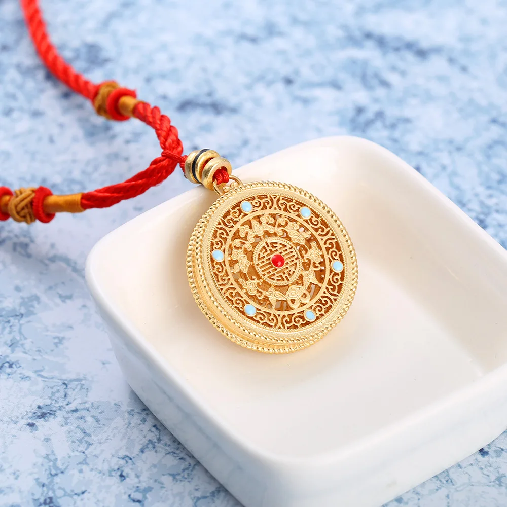 

Natural south red enamel porcelain hollow Pendant Necklace Chinese style retro unique ancient gold craft CHARM Silver Jewelry