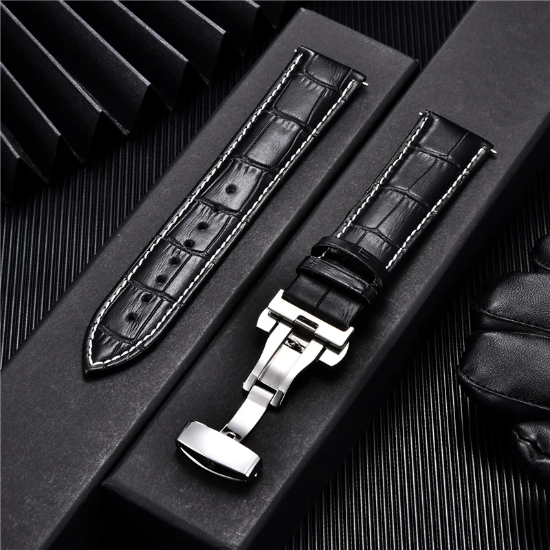 Genuine Leather Watchband with Butterfly Automatic Buckle Watch Band 18mm 20mm 22mm 24mm Replace Men Straps Watch Accessories