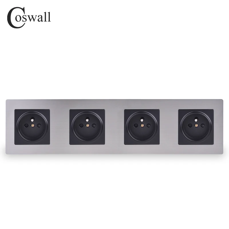 COSWALL Stainless Steel Panel 4 Gang Wall Socket 16A French Standard Power Outlet Silver Black Color Child Protective Door