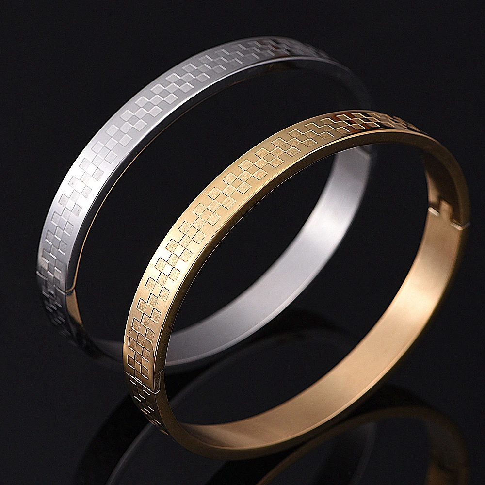 New Classical Royal Lattice Bracelet Men Punk Simple Gold color Cuff Bracelet Stainless Steel Bracelets for Men Jewelry Gift