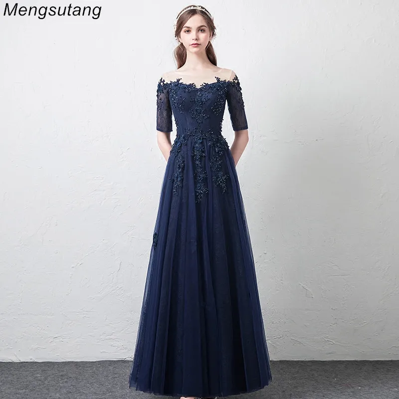 Robe de soiree Navy Blue A Line Boat Neck Beading Long Evening Dresses Elegant Tulle vestido de festa Banquet Party Prom dresses