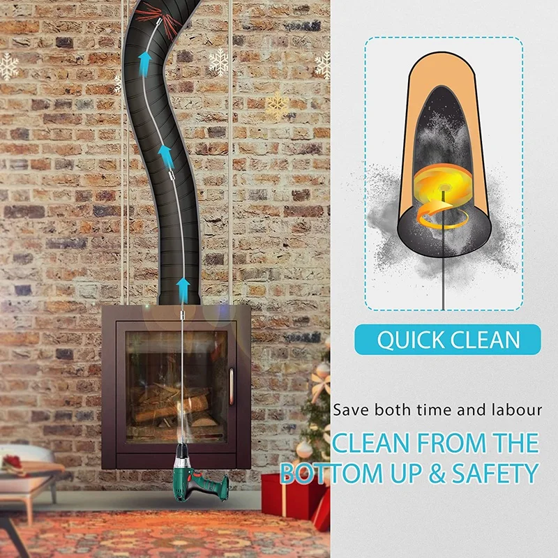 Chimney  Cleaning Brush Tool Kit And 8 Flexible Rods Snap Locking 45 Degree Angle By Drill For Fireplace Flue Home