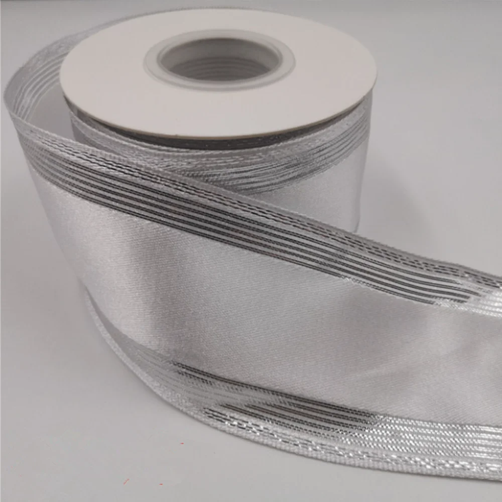 25YARDS 63MM Wired Edge White Satin Ribbon with Silver Lurex Stripes for Birthday Decoration Chirstmas Gift DIY Wrapping 2-1/2