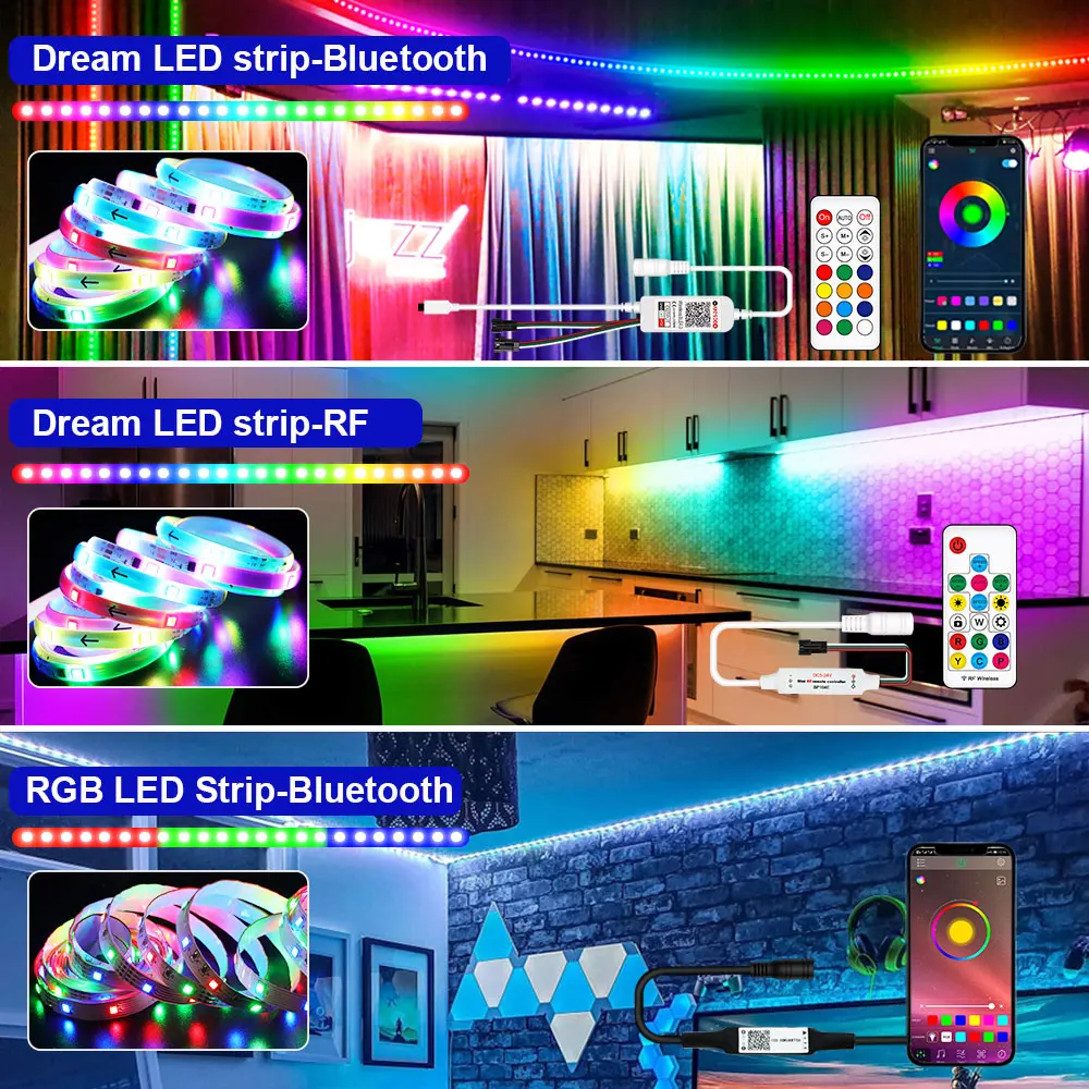 A+ LED Strip Lights RGBIC,Color Changing Rainbow LED Lights, Bluetooth Control,Music Sync，for Home Decoration Christmas