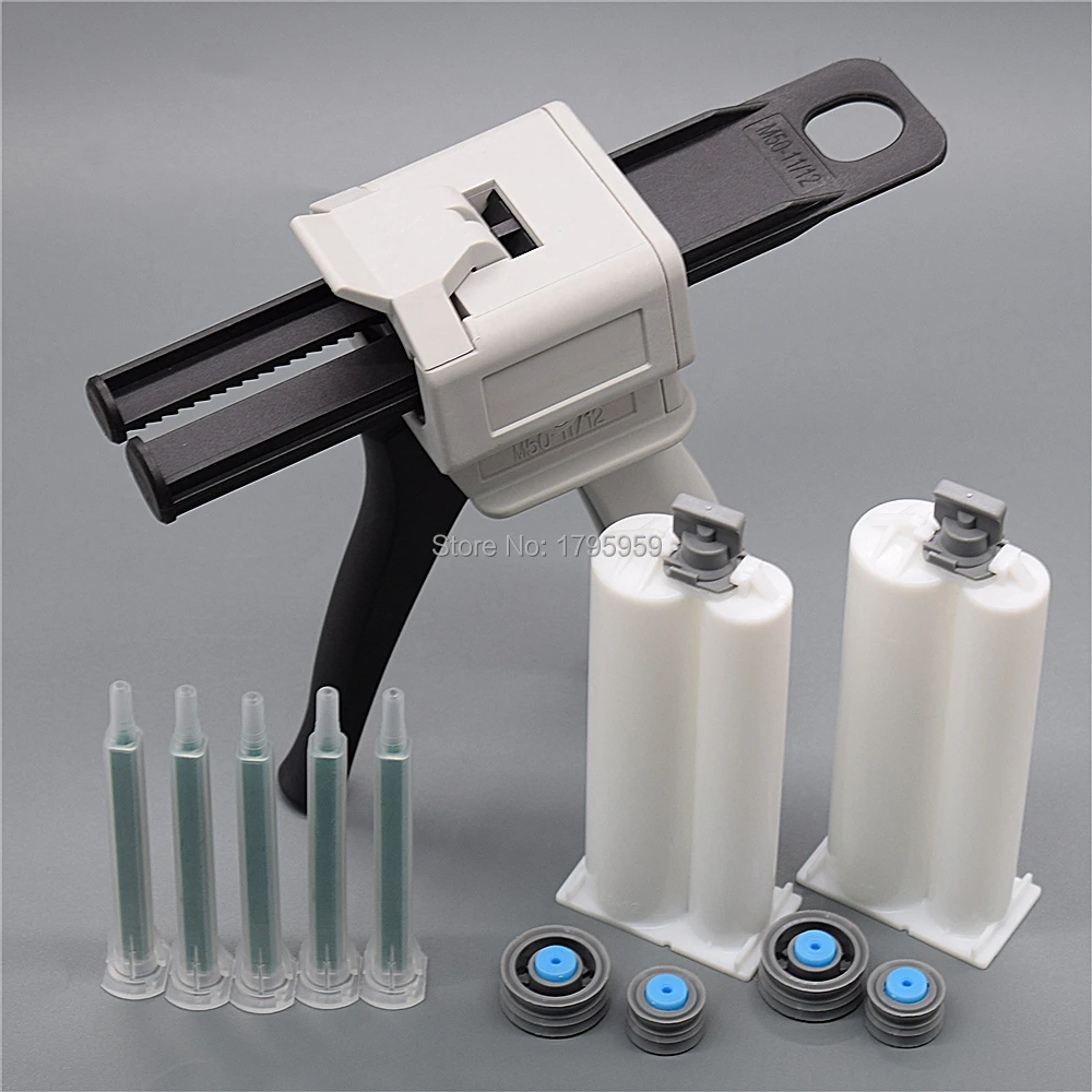 50ml Manual Caulking Gun Two Component 1:2 AB Glue Gun Dispenser with 2pc 50ml 1:2 Empty Dual-Barrel Cartridge 5pc AB Mixed Tube