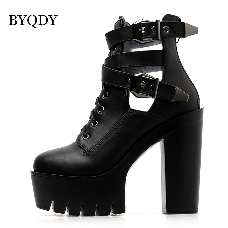 BYQDY Autumn High Heels Ankle Boots Women Buckle Strap Lace Up Black Vintage Women Short Boots Thick Platform with Zipper