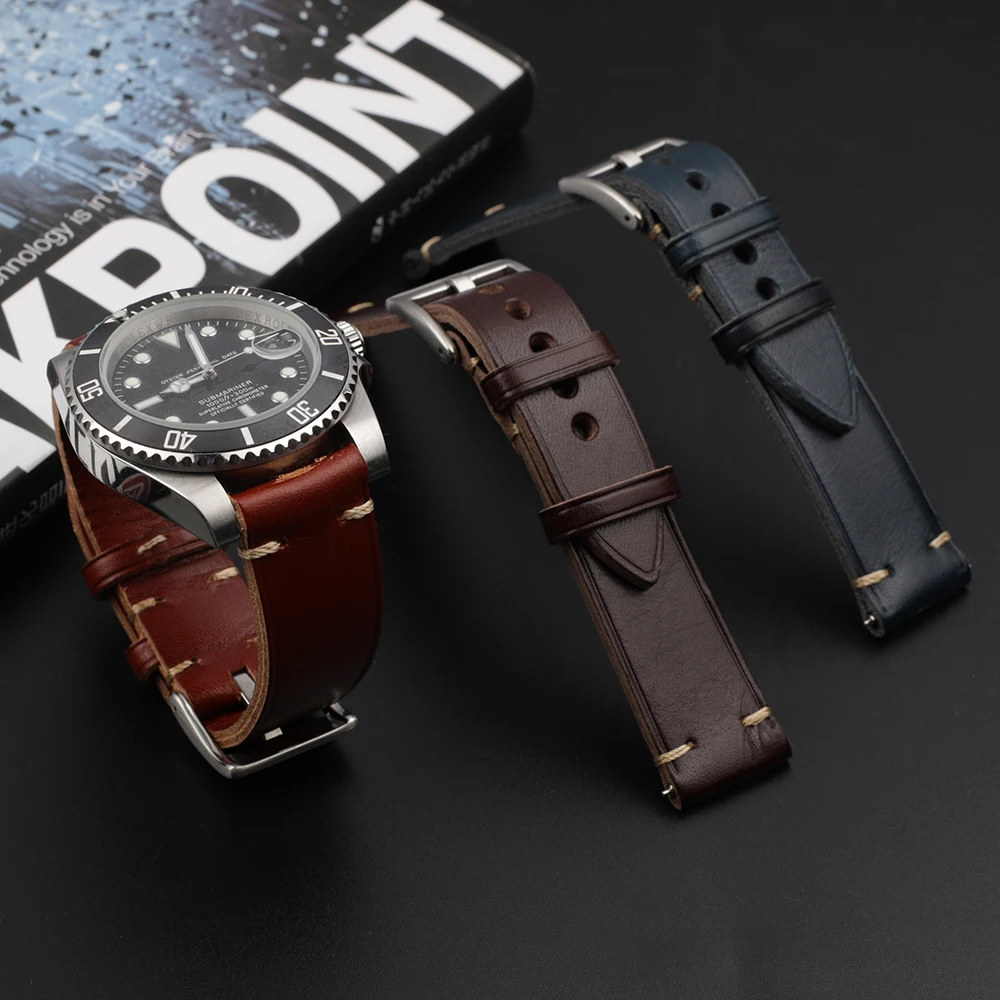 Genuine Leather Watch Band Vintage Handmade Stitched Coffee Cowhide Watchband Quick Release Watch Bracelet 20mm 22mm Watch Strap