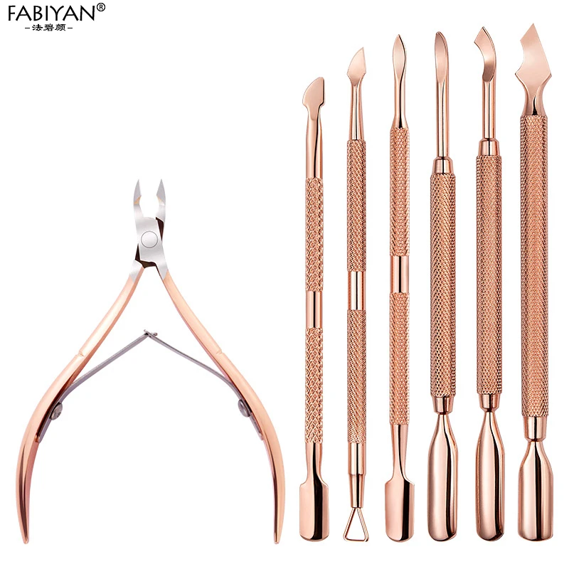 Aço inoxidável Double Head Nail Art, Dead Skin Pusher, Cutícula Nipper, Tesoura, Manicure Set, Rose Gold, Gel UV Remover, 2 Pcs, 4Pcs Set